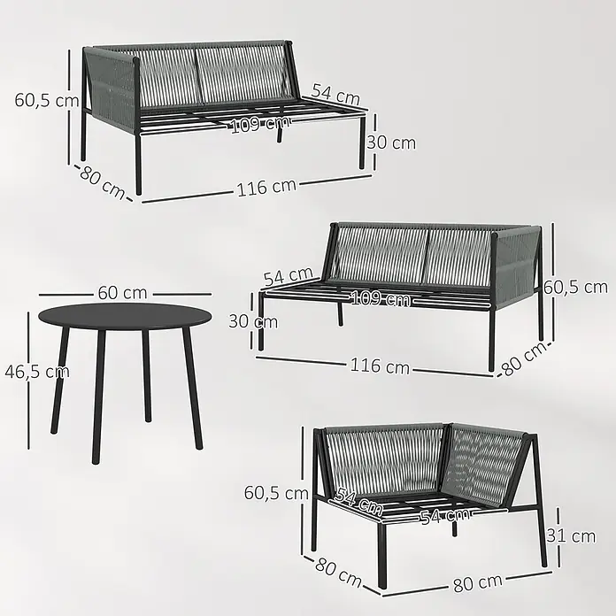 Outsunny Gartenstuhl-Set Polyrattan Lounge-Set -  - Dunkelgraues Gartenmöbelset aus Seilgeflecht mit Zweisitzerbank, Eckbank und rundem Kaffeetisch.