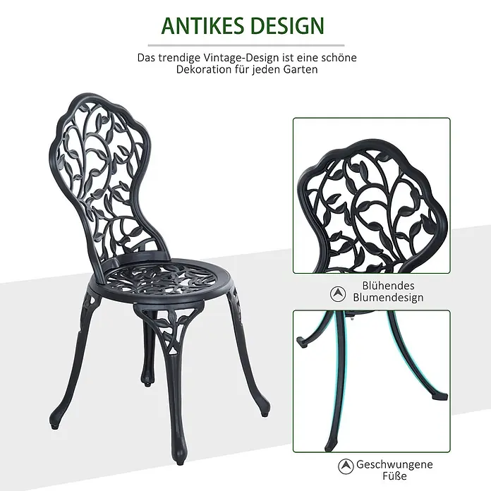 Outsunny Gartenstuhl-Set mit Tisch - 2 Stk., Aluminiumguss, Schwarz, B x T x H: 60 x 45 x 65 cm - Schwarzer Metall-Gartenstuhl im Antik-Design mit floralen Mustern auf Lehne und Sitzfläche sowie geschwungenen Beinen.