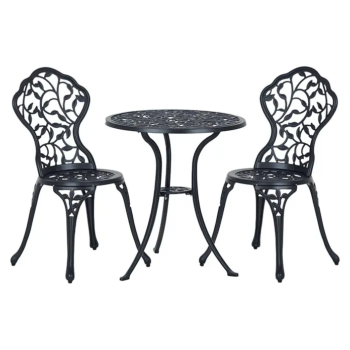Outsunny Gartenstuhl-Set mit Tisch - 2 Stk., Aluminiumguss, Schwarz, B x T x H: 60 x 45 x 65 cm - Schwarzes Metall-Bistro-Set mit zwei Stühlen und einem runden Tisch, verziert mit Blättermustern.