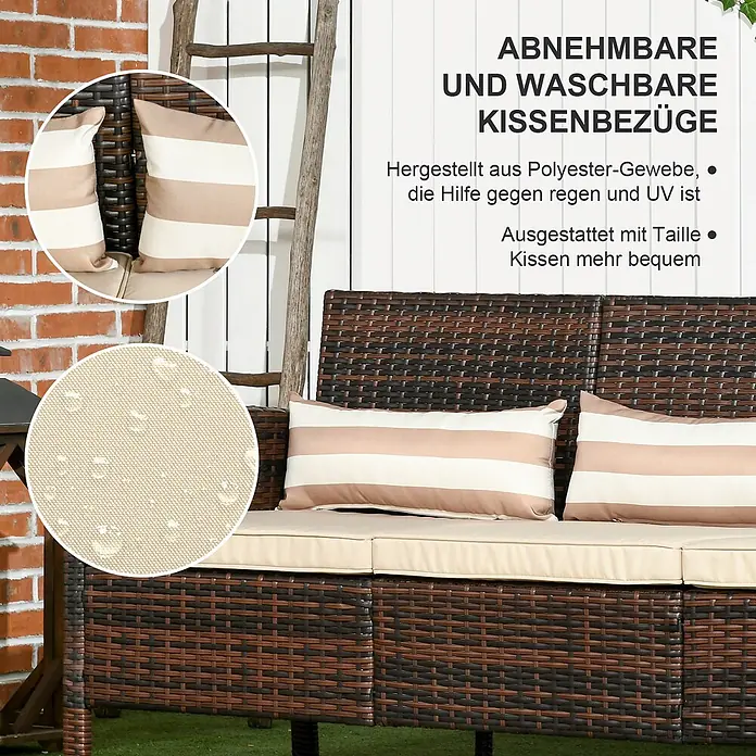 Outsunny Gartenstuhl-Set Outdoor-Sitzecke 3-teilig - 3 Stk., Stahl, PE-Kunststoff, Polyester - Dunkelbraunes Outdoor-Rattan-Sofa mit beigen, abnehmbaren, waschbaren, wasserabweisenden Polyesterkissen und gestreiften Lendenkissen.