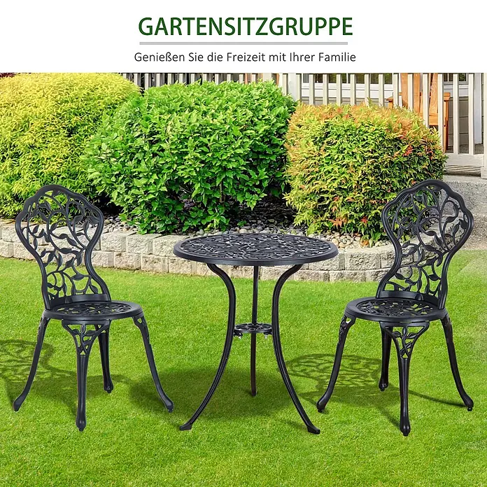 Outsunny Gartenstuhl-Set mit Tisch - 2 Stk., Aluminiumguss, Schwarz, B x T x H: 60 x 45 x 65 cm - Gartensitzgruppe aus schwarzem Gusseisen: ein Tisch und zwei Stühle mit filigranen Blattmustern.