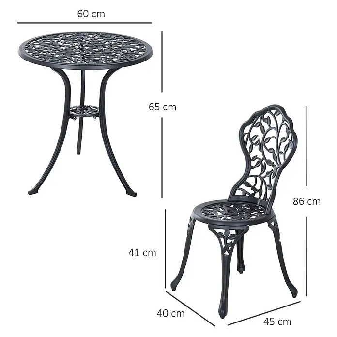 Outsunny Gartenstuhl-Set mit Tisch - 2 Stk., Aluminiumguss, Schwarz, B x T x H: 60 x 45 x 65 cm - Schwarzes Gusseisen-Gartenbistroset mit Blattmuster und Maßen. Tisch: Ø60xH65cm. Stuhl: H86cm, Sitz H41xB40xT45cm.