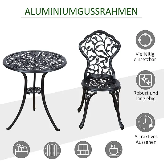 Outsunny Gartenstuhl-Set mit Tisch - 2 Stk., Aluminiumguss, Schwarz, B x T x H: 60 x 45 x 65 cm - Schwarze Aluminiumguss-Gartentisch- und Stuhl-Set mit filigranen Blattmustern.
