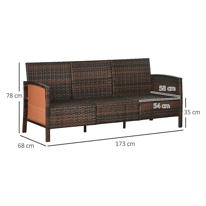 Outsunny Gartenstuhl-Set Outdoor-Sitzecke 3-teilig - 3 Stk., Stahl, PE-Kunststoff, Polyester - Braunes Rattan-Gartensofa für 3 Personen mit sichtbaren Abmessungen.