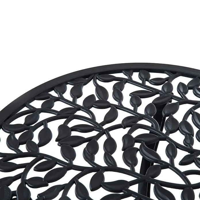 Outsunny Gartenstuhl-Set mit Tisch - 2 Stk., Aluminiumguss, Schwarz, B x T x H: 60 x 45 x 65 cm - Nahaufnahme einer dunkelgrauen Metall-Gartentischplatte mit kunstvollem Blattmuster.