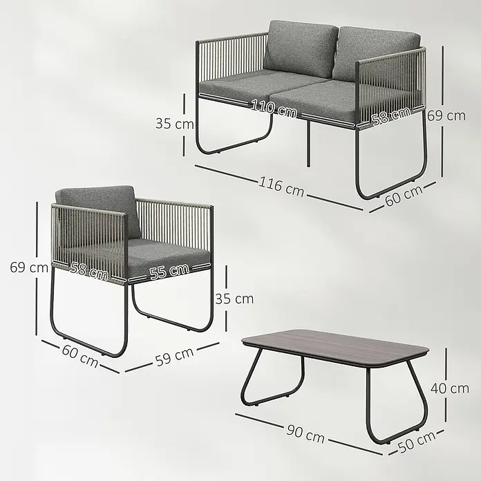 Outsunny Gartenstuhl-Set Lounge-Set mit Sofa - 4 Stk., PE-Rattan, Stahl, gehärtetes Glas, Polyester, Schaumstoff, Grau - Gartenmöbel-Set: Zweisitzer-Sofa, Sessel und Couchtisch mit dunklen Metallgestellen, grauen Kissen und Seildetails.