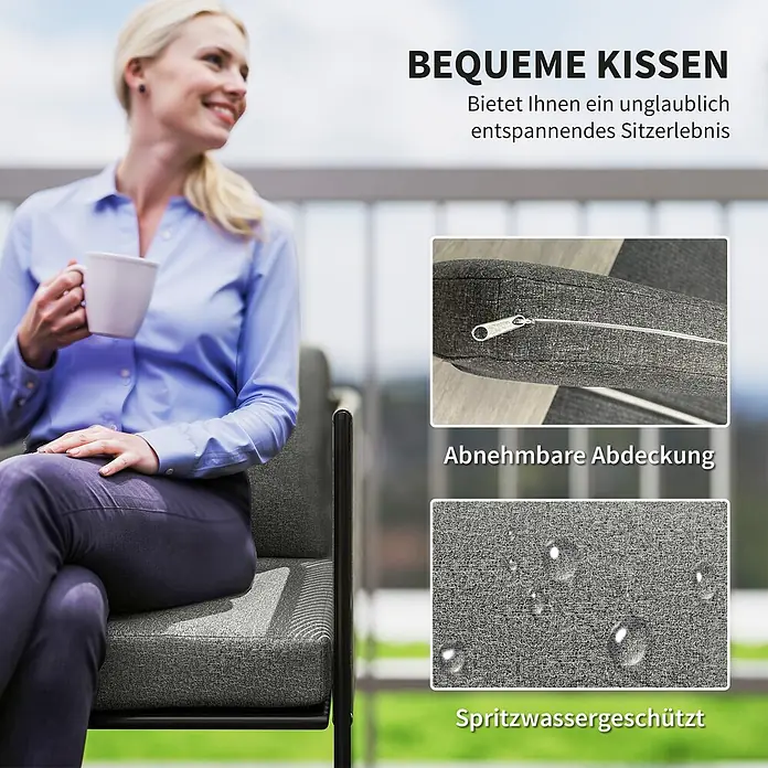 Outsunny Gartenstuhl-Set Lounge-Set mit Sofa - 4 Stk., PE-Rattan, Stahl, gehärtetes Glas, Polyester, Schaumstoff, Grau - Frau entspannt auf grauem Outdoor-Stuhl mit bequemen Kissen. Mit abnehmbarem Bezug und spritzwassergeschütztem Stoff.