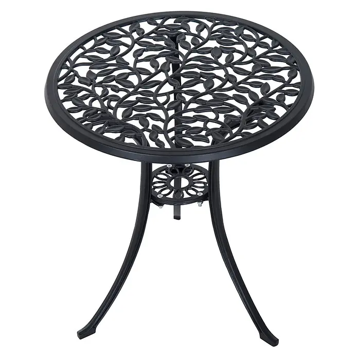 Outsunny Gartenstuhl-Set mit Tisch - 2 Stk., Aluminiumguss, Schwarz, B x T x H: 60 x 45 x 65 cm - Schwarzer Bistrotisch aus Aluminiumguss mit Blattmuster auf der runden Tischplatte und geschwungenen Beinen.