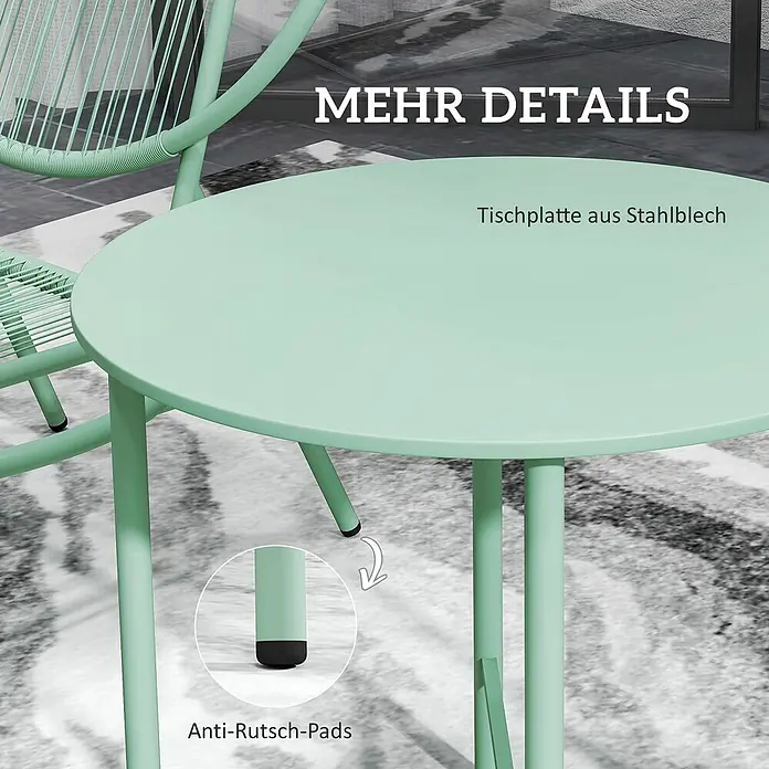 Outsunny Gartenstuhl-Set mit Tisch - 2 Stk., PE-Rattan, Stahl, Grün, B x T x H: 68 x 68 x 78 cm - Ein mintgrüner runder Gartentisch mit Stahlblechplatte und rutschfesten Pads an den Beinen, zusammen mit einem passenden Stuhl.