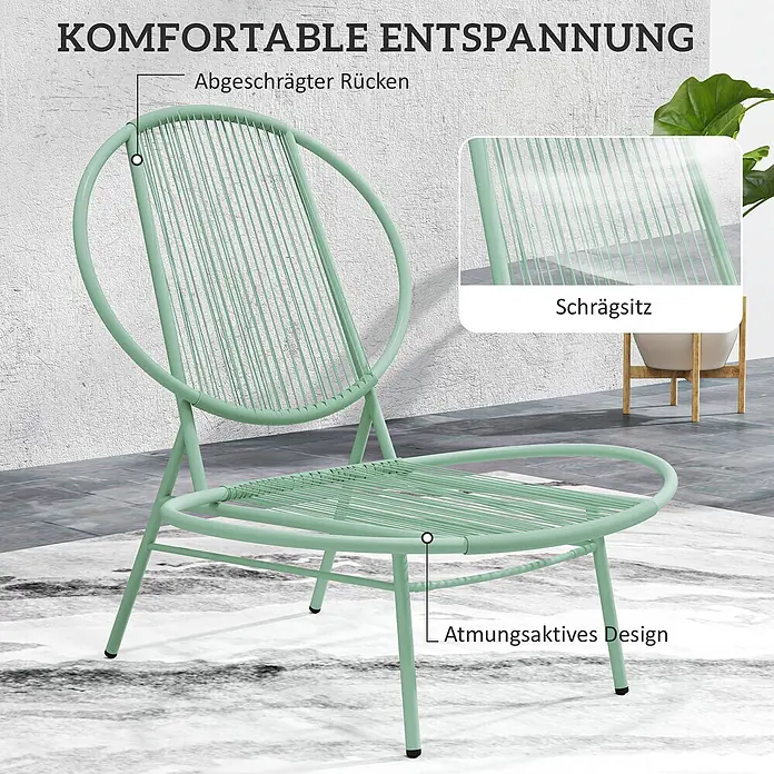 Outsunny Gartenstuhl-Set mit Tisch - 2 Stk., PE-Rattan, Stahl, Grün, B x T x H: 68 x 68 x 78 cm - Hellgrüner Metallstuhl mit Seilsitz und -rücken. Geneigte Rückenlehne und Sitz für Komfort, atmungsaktives Design.