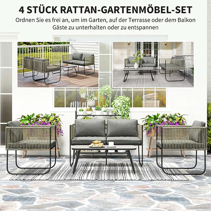 Outsunny Gartenstuhl-Set Lounge-Set mit Sofa - 4 Stk., PE-Rattan, Stahl, gehärtetes Glas, Polyester, Schaumstoff, Grau - 4-teiliges Rattan-Gartenmöbel-Set mit grauen Kissen und schwarzem Metallgestell für Terrasse oder Balkon.