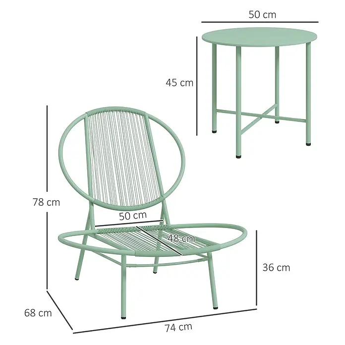 Outsunny Gartenstuhl-Set mit Tisch - 2 Stk., PE-Rattan, Stahl, Grün, B x T x H: 68 x 68 x 78 cm - Hellgrüner Outdoor-Sessel und runder Tisch aus Metall und Seil mit Maßen.