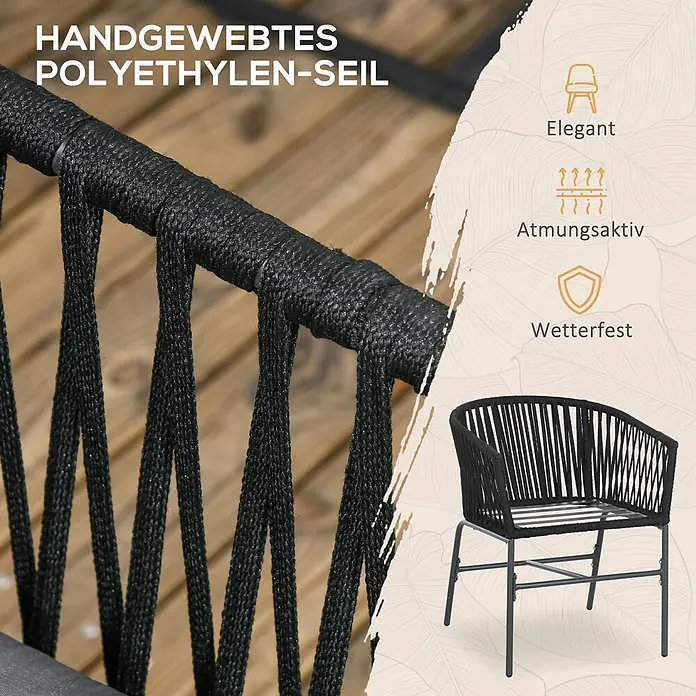 Outsunny Gartenstuhl-Set 2-Stück im Boho-Design - 2 Stk., Stahl, Polyester, Polyethylen, Schwarz, Grau - Schwarzer Outdoor-Stuhl mit handgewebtem Polyethylen-Seil-Design und Metallgestell. Er ist elegant, atmungsaktiv und wetterfest.
