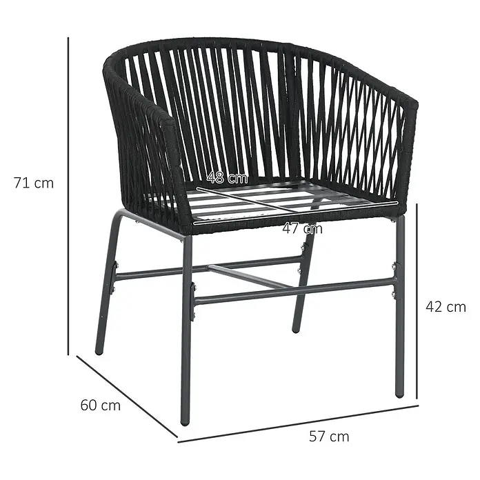 Outsunny Gartenstuhl-Set 2-Stück im Boho-Design - 2 Stk., Stahl, Polyester, Polyethylen, Schwarz, Grau - Schwarzer Seilstuhl mit dunklem Metallgestell, modernes Design.