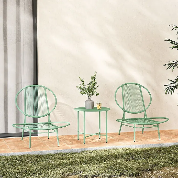 Outsunny Gartenstuhl-Set mit Tisch - 2 Stk., PE-Rattan, Stahl, Grün, B x T x H: 68 x 68 x 78 cm - Hellgrünes Metall-Gartenmöbel-Set mit zwei Stühlen und rundem Tisch.