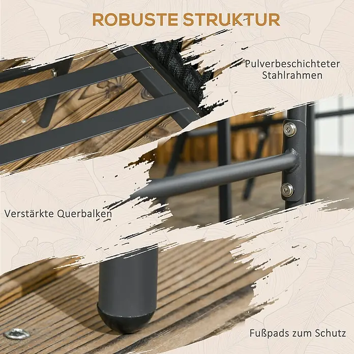 Outsunny Gartenstuhl-Set 2-Stück im Boho-Design - 2 Stk., Stahl, Polyester, Polyethylen, Schwarz, Grau - Nahaufnahme des dunkelgrauen pulverbeschichteten Stahlrahmens mit verstärkten Querbalken und schützenden Fußpads für eine robuste Struktur.