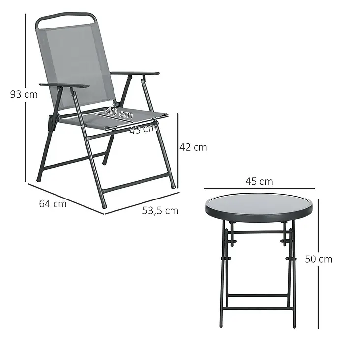 Outsunny Gartenstuhl-Set mit Tisch - 2 Stk., Stahl, gehärtetes Glas, Netzstoff, Klappbar, Hellgrau, B x T x H: 64 x 64 x 93 cm - Grauer Klappstuhl und passender runder Klapptisch mit Maßen.