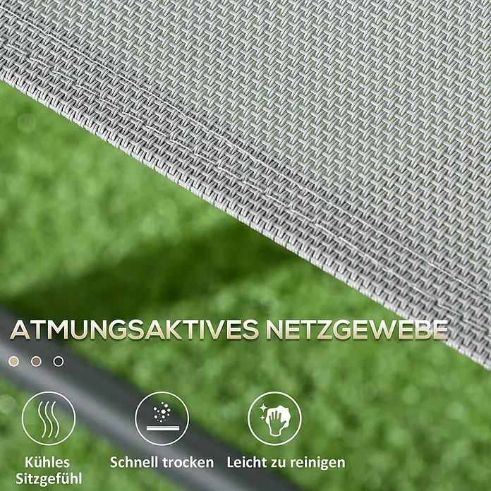 Outsunny Gartenstuhl-Set mit Tisch - 2 Stk., Stahl, gehärtetes Glas, Netzstoff, Klappbar, Hellgrau, B x T x H: 64 x 64 x 93 cm - Nahaufnahme von hellgrauem, atmungsaktivem Netzgewebe, für Komfort, schnelles Trocknen und einfache Reinigung.