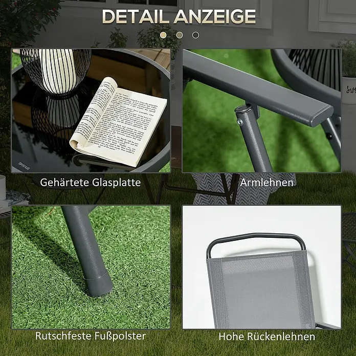 Outsunny Gartenstuhl-Set mit Tisch - 2 Stk., Stahl, gehärtetes Glas, Netzstoff, Klappbar, Hellgrau, B x T x H: 64 x 64 x 93 cm - Graue Gartenmöbel mit gehärteter Glasplatte, Armlehnen, rutschfesten Fußpolstern und hohen Rückenlehnen.