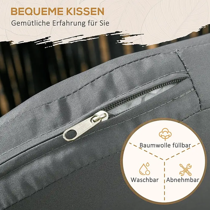 Outsunny Gartenstuhl-Set 2-Stück im Boho-Design - 2 Stk., Stahl, Polyester, Polyethylen, Schwarz, Grau - Graues Kissen mit sichtbarem Reißverschluss, das auf ein waschbares, baumwollfüllbares und abnehmbares Design hinweist.