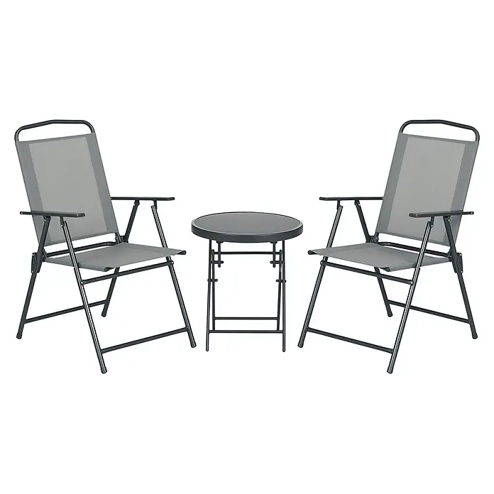 Outsunny Gartenstuhl-Set mit Tisch - 2 Stk., Stahl, gehärtetes Glas, Netzstoff, Klappbar, Hellgrau, B x T x H: 64 x 64 x 93 cm - Klappbares Bistrot-Set mit zwei dunkelgrauen Metallstühlen mit hellgrauem Netzstoff und einem runden dunkelgrauen Metalltisch mit schwarzer Glasplatte.