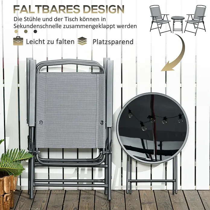 Outsunny Gartenstuhl-Set mit Tisch - 2 Stk., Stahl, gehärtetes Glas, Netzstoff, Klappbar, Hellgrau, B x T x H: 64 x 64 x 93 cm - Graue Klappstühle und ein passender Klapptisch, platzsparend zusammengeklappt.