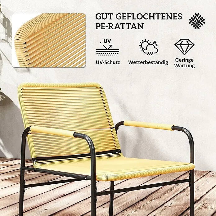 Outsunny Gartenstuhl-Set mit Tisch - 2 Stk., Stahl, PE-Rattan, Grau, Braun, B x T x H: 54 x 66 x 76 cm - Gelber PE-Rattan-Gartensessel mit schwarzem Metallrahmen, UV-geschützt, wetterbeständig und pflegeleicht.