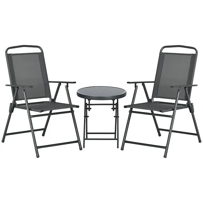 Outsunny Gartenstuhl-Set mit Tisch - 2 Stk., Stahl, gehärtetes Glas, Netzstoff, Klappbar, Dunkelgrau, B x T x H: 64 x 64 x 93 cm - Dunkelgraues Gartenset mit zwei klappbaren Netzstühlen und einem runden Klapptisch.