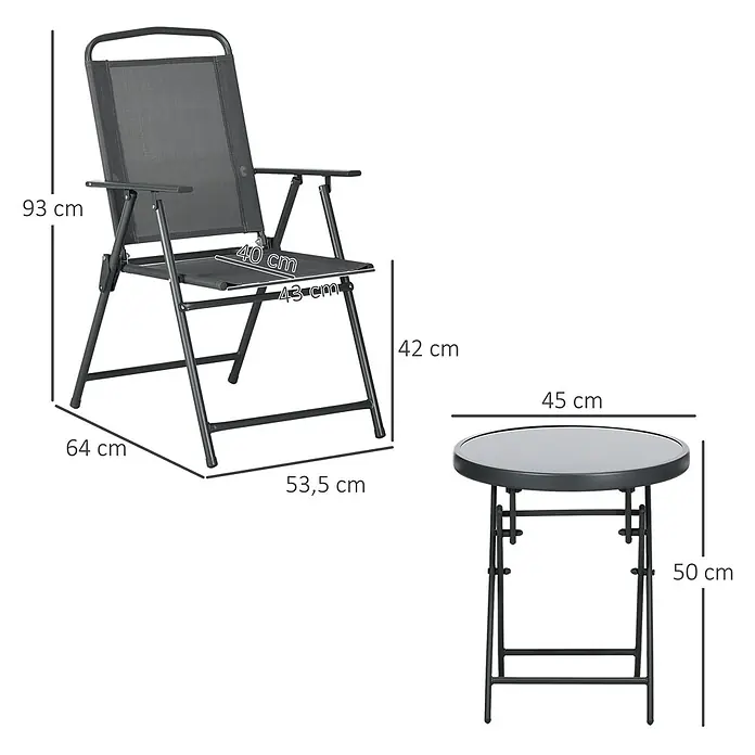Outsunny Gartenstuhl-Set mit Tisch - 2 Stk., Stahl, gehärtetes Glas, Netzstoff, Klappbar, Dunkelgrau, B x T x H: 64 x 64 x 93 cm - Dunkelgrauer klappbarer Gartenstuhl mit Netzstoff und runder Klapptisch mit Glasplatte, Maße angezeigt.