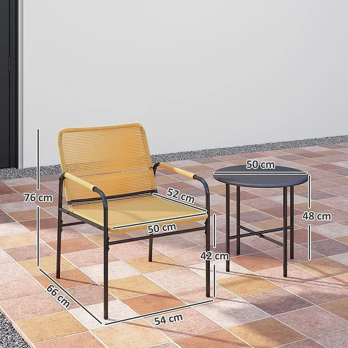 Outsunny Gartenstuhl-Set mit Tisch - 2 Stk., Stahl, PE-Rattan, Grau, Braun, B x T x H: 54 x 66 x 76 cm - Outdoor-Sessel mit geflochtener Rückenlehne und Sitzfläche, schwarzem Gestell und passendem schwarzen Beistelltisch. Maße sind angegeben.