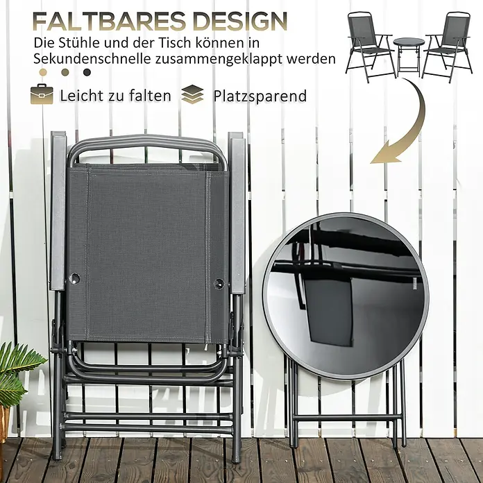 Outsunny Gartenstuhl-Set mit Tisch - 2 Stk., Stahl, gehärtetes Glas, Netzstoff, Klappbar, Dunkelgrau, B x T x H: 64 x 64 x 93 cm - Dunkelgrauer klappbarer Terrassenstuhl und runder Klapptisch, kompakt für die Lagerung dargestellt.