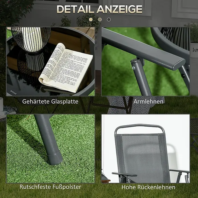 Outsunny Gartenstuhl-Set mit Tisch - 2 Stk., Stahl, gehärtetes Glas, Netzstoff, Klappbar, Dunkelgrau, B x T x H: 64 x 64 x 93 cm - Dunkelgraues Gartenstuhl- und Tischset mit gehärteter Glasplatte, bequemen Armlehnen, rutschfesten Füßen und hohen Rückenlehnen.