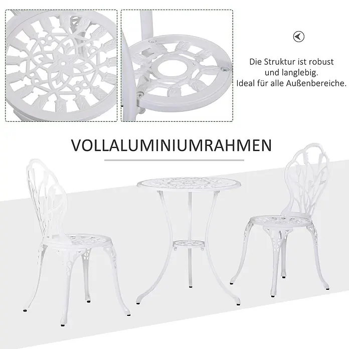 Outsunny Gartenstuhl-Set mit Schirmloch - 2 Stk., Aluminium, Weiß, B x T x H: 60 x 48 x 67 cm - Weißes, verziertes Vollaluminium-Bistroset mit Tisch und zwei Stühlen, robust und langlebig für den Außenbereich.