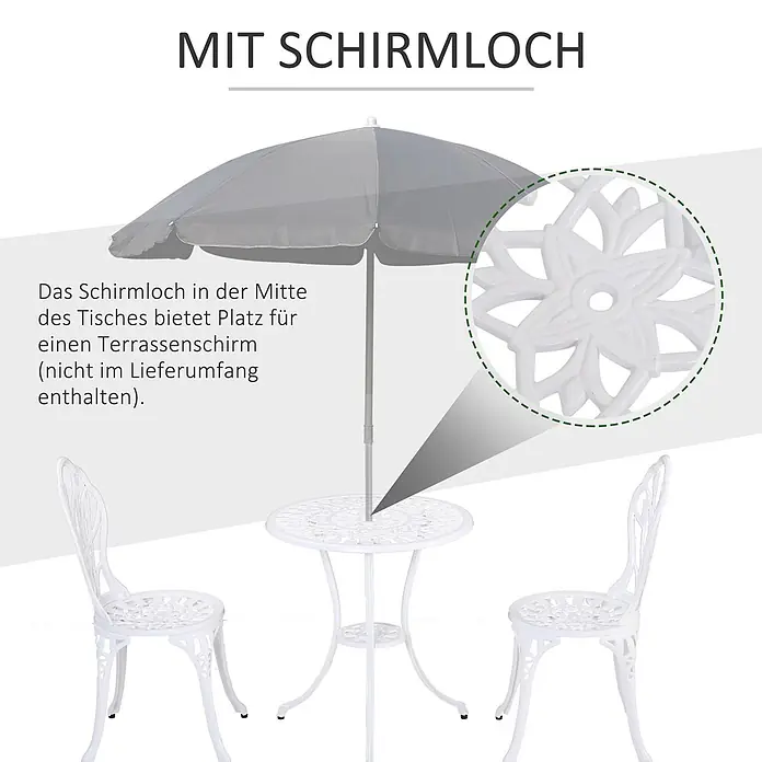Outsunny Gartenstuhl-Set mit Schirmloch - 2 Stk., Aluminium, Weiß, B x T x H: 60 x 48 x 67 cm - Weißes, dekoratives Bistrotisch-Set mit Schirmloch am Tisch und zwei passenden Stühlen.
