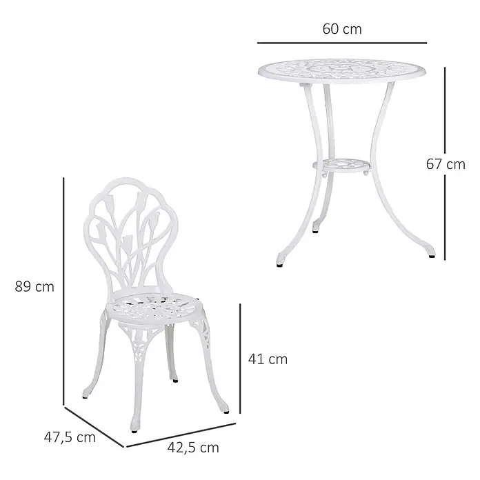 Outsunny Gartenstuhl-Set mit Schirmloch - 2 Stk., Aluminium, Weiß, B x T x H: 60 x 48 x 67 cm - Weißes, verziertes Bistro-Set aus Metall (Tisch und Stuhl) mit angegebenen Maßen.