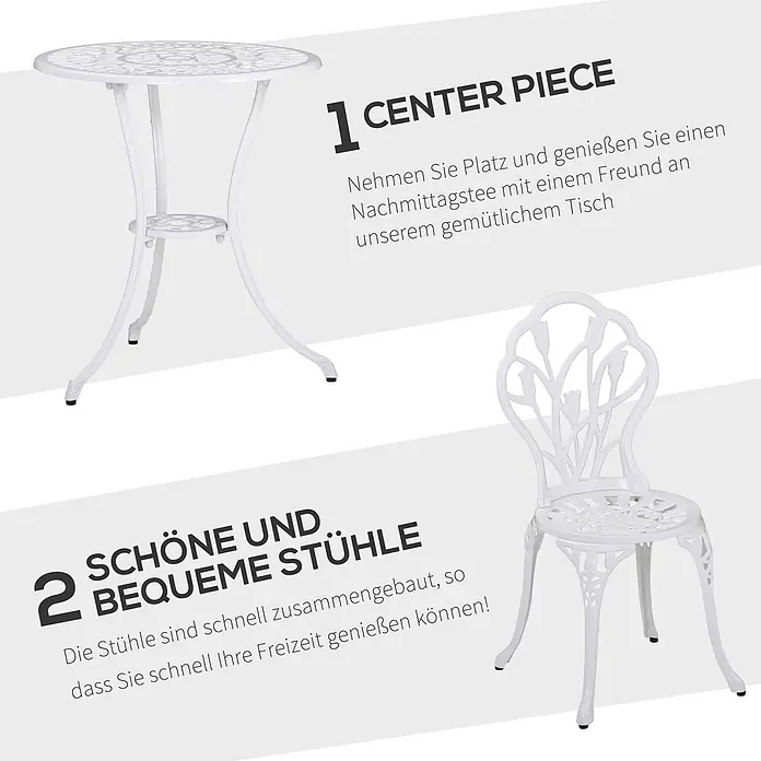 Outsunny Gartenstuhl-Set mit Schirmloch - 2 Stk., Aluminium, Weiß, B x T x H: 60 x 48 x 67 cm - Weißer verzierter Metall-Gartentisch mit dekorativer Platte und passendem Stuhl. Bietet bequeme Sitzgelegenheiten für Entspannung im Freien.