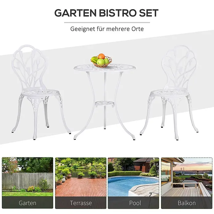 Outsunny Gartenstuhl-Set mit Schirmloch - 2 Stk., Aluminium, Weiß, B x T x H: 60 x 48 x 67 cm - Weißes Metall-Garten-Bistro-Set mit Tisch und zwei Stühlen, geeignet für verschiedene Außenbereiche.