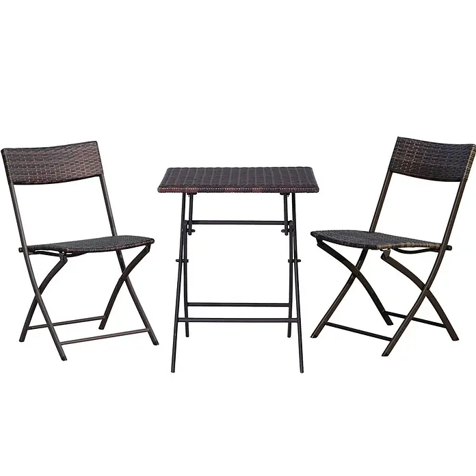 Outsunny Gartenstuhl-Set mit Tisch - 2 Stk., Metall, PE Polyrattan, Klappbar, Braun, B x T x H: 60 x 47 x 72 cm - Braunes Rattan-Klapp-Gartenset mit einem Tisch und zwei Stühlen.