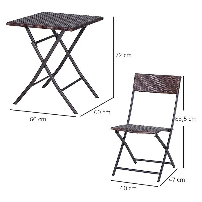 Outsunny Gartenstuhl-Set mit Tisch - 2 Stk., Metall, PE Polyrattan, Klappbar, Braun, B x T x H: 60 x 47 x 72 cm - Brauner Rattan-Optik Klapptisch und passender Klappstuhl, ideal für kleine Räume.