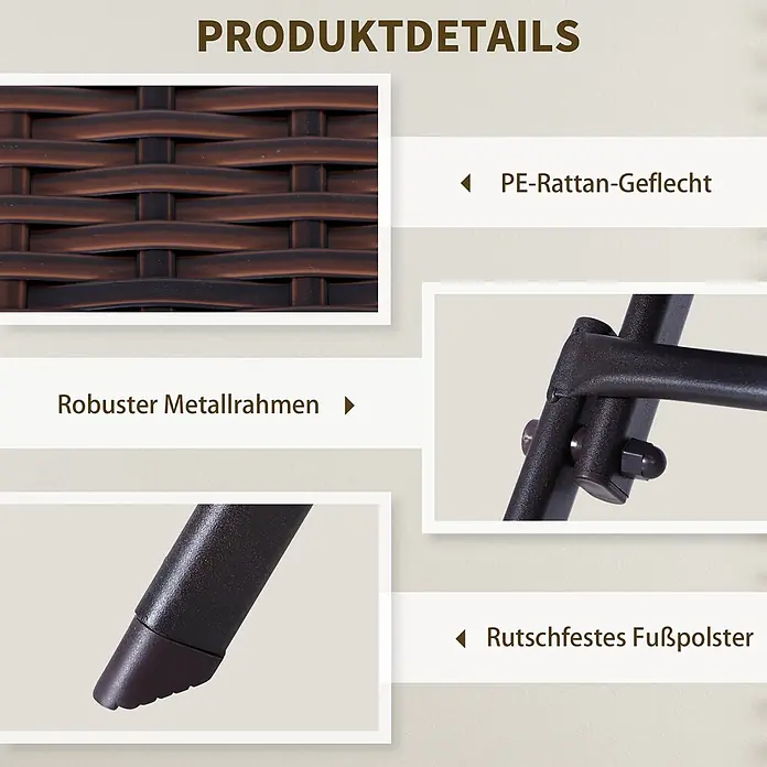 Outsunny Gartenstuhl-Set mit Tisch - 2 Stk., Metall, PE Polyrattan, Klappbar, Braun, B x T x H: 60 x 47 x 72 cm - Nahaufnahme von braunem PE-Rattan-Geflecht, robustem Metallrahmen und rutschfestem Fußpolster.