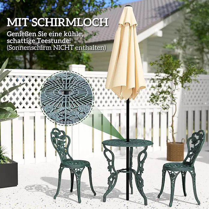 Outsunny Gartenstuhl-Set mit Schirmhalterung - 2 Stk., Gussaluminium, Gusseisen, Antik-Grün, B x T x H: 60 x 60 x 69 cm - Dunkelgrünes gusseisernes Bistro-Set für den Außenbereich mit zwei Stühlen und einem Tisch mit Schirmloch.