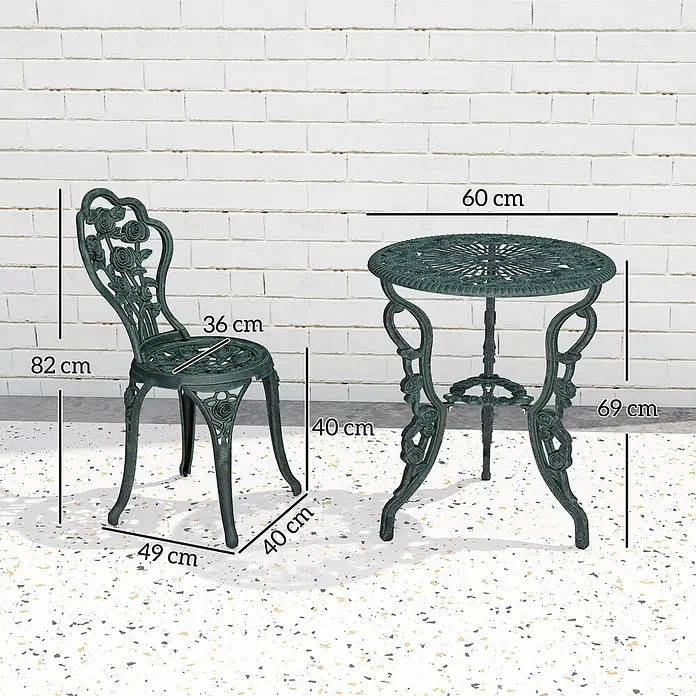 Outsunny Gartenstuhl-Set mit Schirmhalterung - 2 Stk., Gussaluminium, Gusseisen, Antik-Grün, B x T x H: 60 x 60 x 69 cm - Verziertes dunkelgrünes Gusseisen-Garten-Bistro-Set, bestehend aus Stuhl und Rundtisch mit Rosenmotiven.