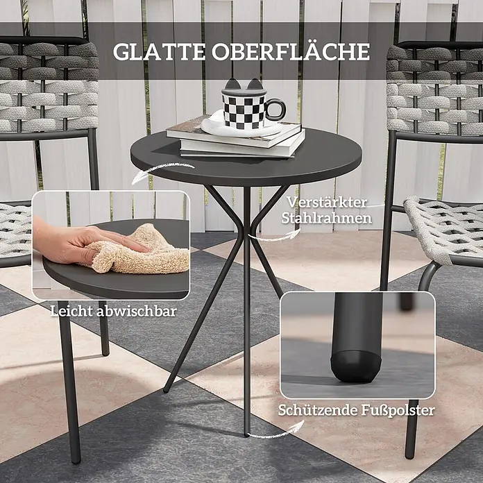 Outsunny Gartenstuhl-Set 3-teilig, mit Tisch - 2 Stk., Stahl, Polyester, Dunkelgrau, Grau, B x T x H: 46 x 60 x 80 cm - Dunkelgrauer runder Metall-Beistelltisch für den Außenbereich mit glatter, leicht zu reinigender Oberfläche, verstärktem Stahlrahmen und schützenden Fußpolstern.