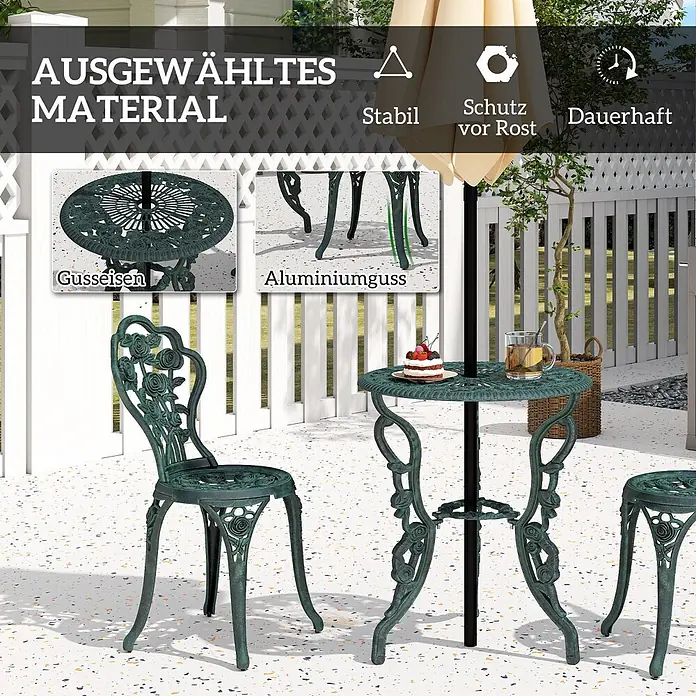 Outsunny Gartenstuhl-Set mit Schirmhalterung - 2 Stk., Gussaluminium, Gusseisen, Antik-Grün, B x T x H: 60 x 60 x 69 cm - Grünes Garten-Bistro-Set aus Gusseisen & Aluminium (Tisch & Stühle) mit floralen Designs, ideal für Terrassen.