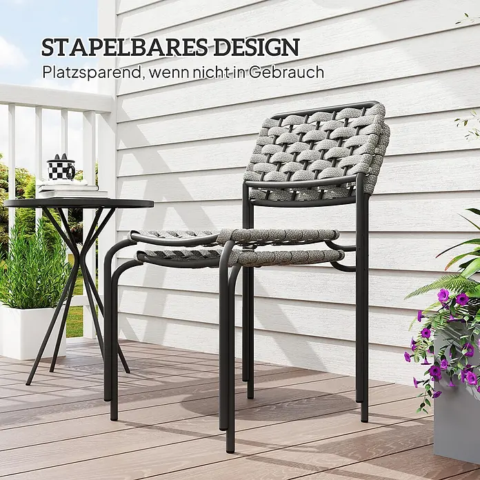 Outsunny Gartenstuhl-Set 3-teilig, mit Tisch - 2 Stk., Stahl, Polyester, Dunkelgrau, Grau, B x T x H: 46 x 60 x 80 cm - Zwei graue geflochtene Outdoor-Stühle mit dunklen Metallrahmen und passendem runden Tisch, stapelbares Design.