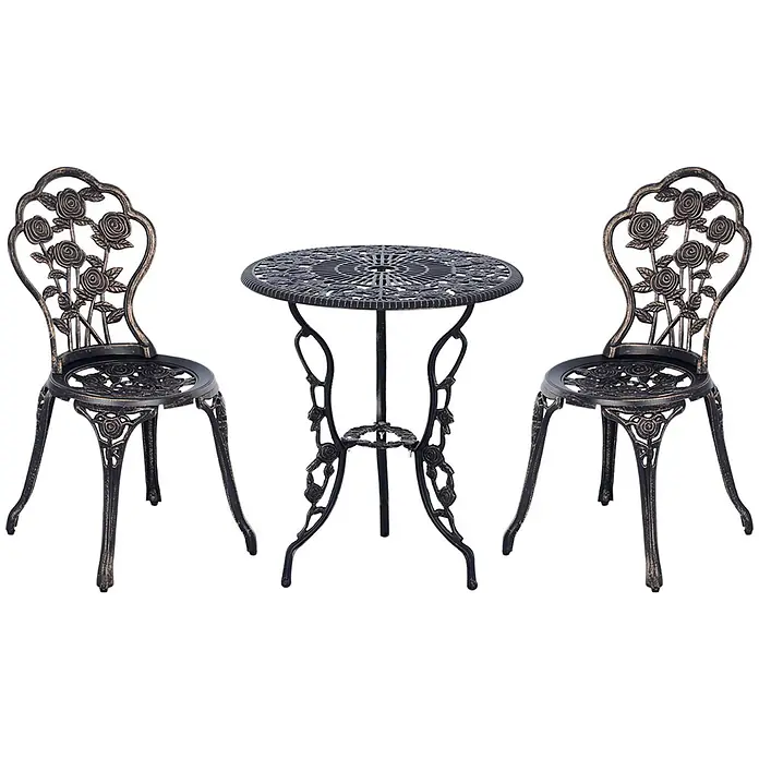 Outsunny Gartenstuhl-Set mit Tisch - 2 Stk., Aluminium, Metall, Bronze, B x T x H: 60 x 39 x 67 cm - Verziertes Bistrotisch-Set aus bronzefarbenem Gussmetall mit zwei Stühlen und einem runden Tisch, alle mit Rosenmotiv, ideal für den Außenbereich.