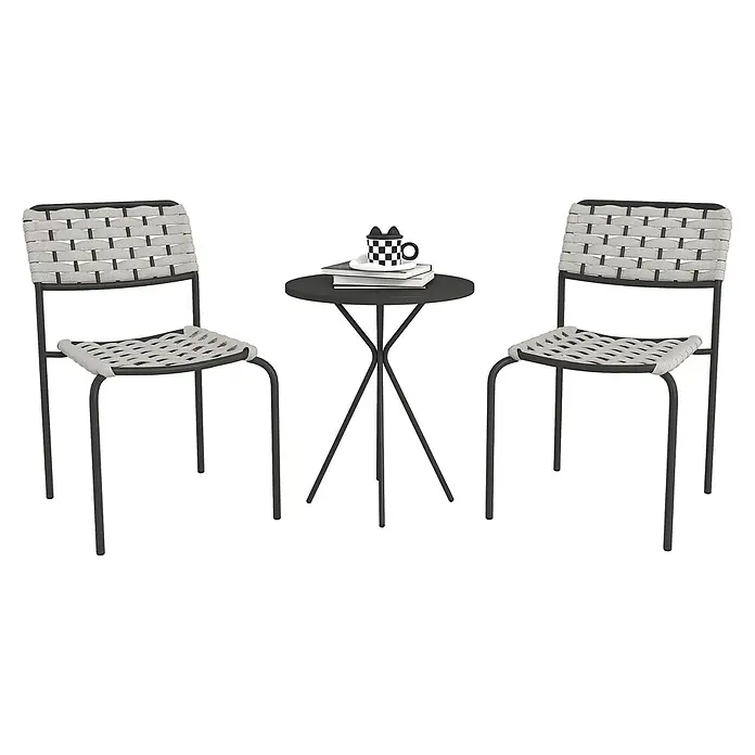 Outsunny Gartenstuhl-Set 3-teilig, mit Tisch - 2 Stk., Stahl, Polyester, Dunkelgrau, Grau, B x T x H: 46 x 60 x 80 cm - Dunkelgraues Metall-Bistro-Set: zwei Stühle mit hellgrauen geflochtenen Sitzen/Rückenlehnen und einem runden Tisch mit Büchern und karierter Tasse.