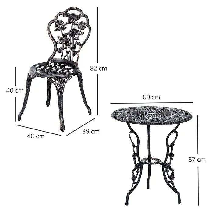 Outsunny Gartenstuhl-Set mit Tisch - 2 Stk., Aluminium, Metall, Bronze, B x T x H: 60 x 39 x 67 cm - Schwarzes/bronzefarbenes Gusseisen-Gartenstuhl- und Rundtisch-Set mit Rosenmotiven, Maße angezeigt.