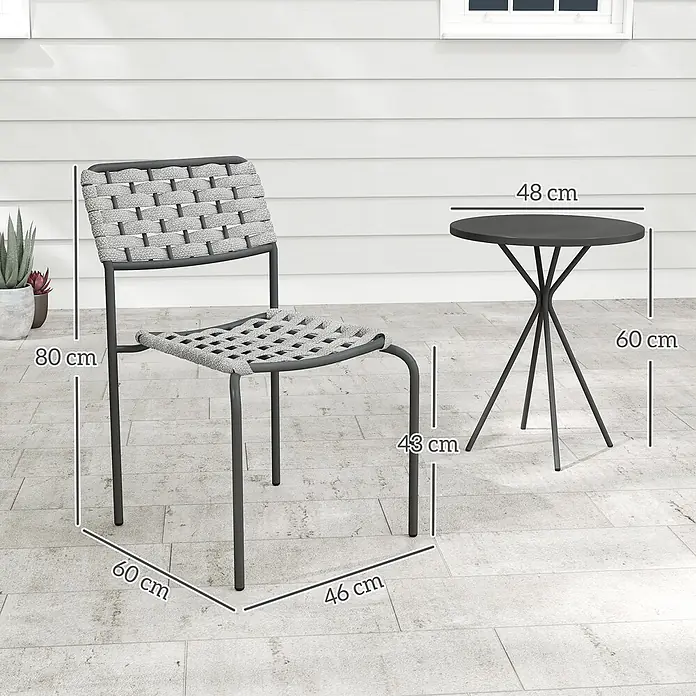 Outsunny Gartenstuhl-Set 3-teilig, mit Tisch - 2 Stk., Stahl, Polyester, Dunkelgrau, Grau, B x T x H: 46 x 60 x 80 cm - Grauer Outdoor-Stuhl aus Metall & geflochtenem Seil und runder Tisch, mit Maßen auf einer Terrasse.