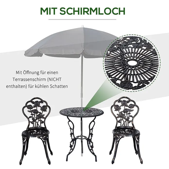 Outsunny Gartenstuhl-Set mit Tisch - 2 Stk., Aluminium, Metall, Bronze, B x T x H: 60 x 39 x 67 cm - Dunkles Metall-Bistro-Set mit Rosenmuster. Der Tisch hat eine Schirmöffnung für Schatten (Schirm nicht enthalten).